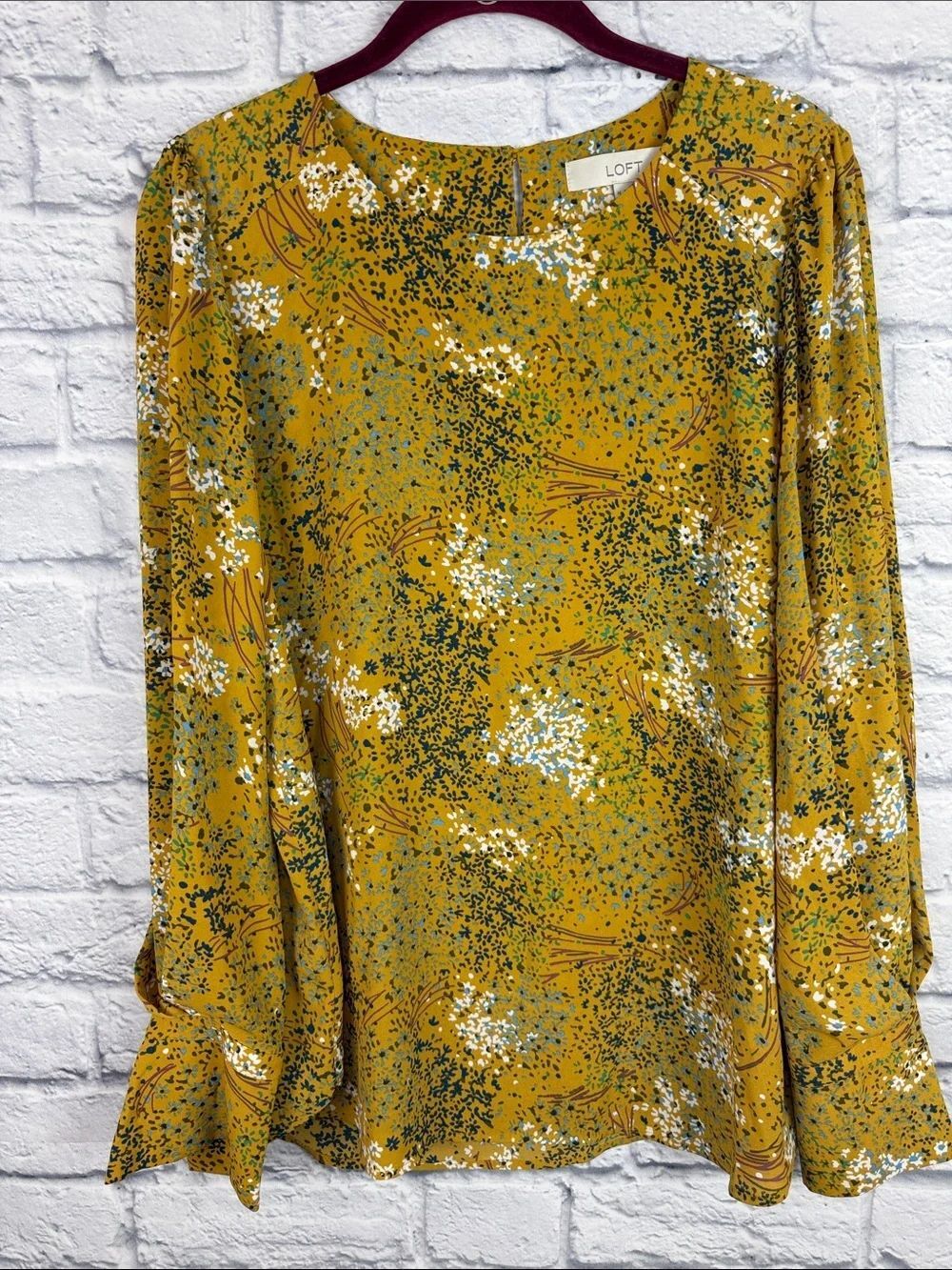 LOFT Yellow Floral-Print Long Sleeve Top size medium